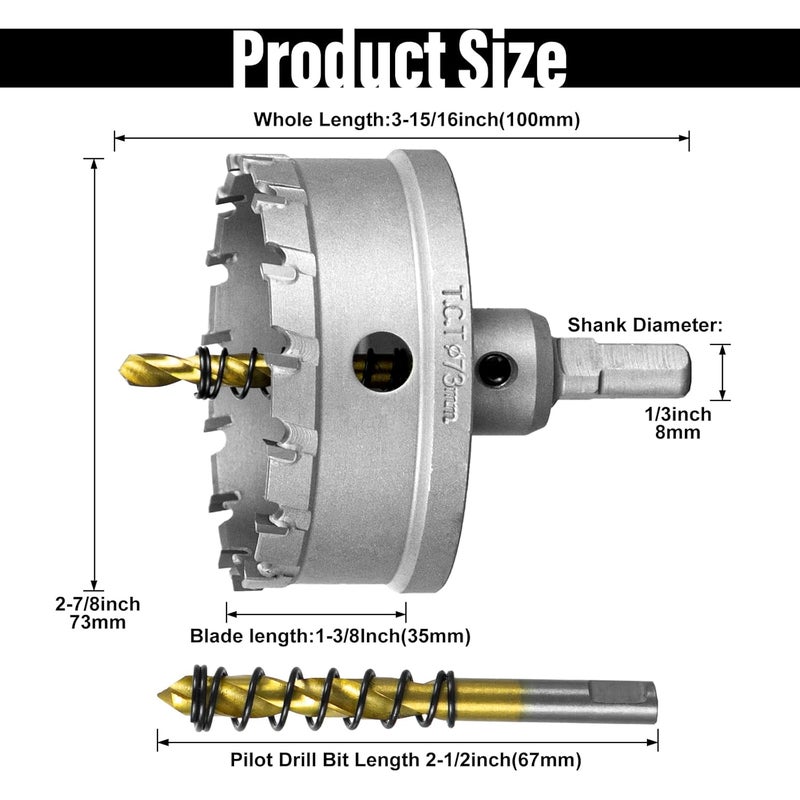 SALI 2-7/8"(73mm) TCT Hole Saw Kit Tungsten Carbide Tipped Hole Saw Drill Bit with Titanium-Plated Pilot Drill bit for Metal, Stainless Steel, Iron, Plastic - Image 2